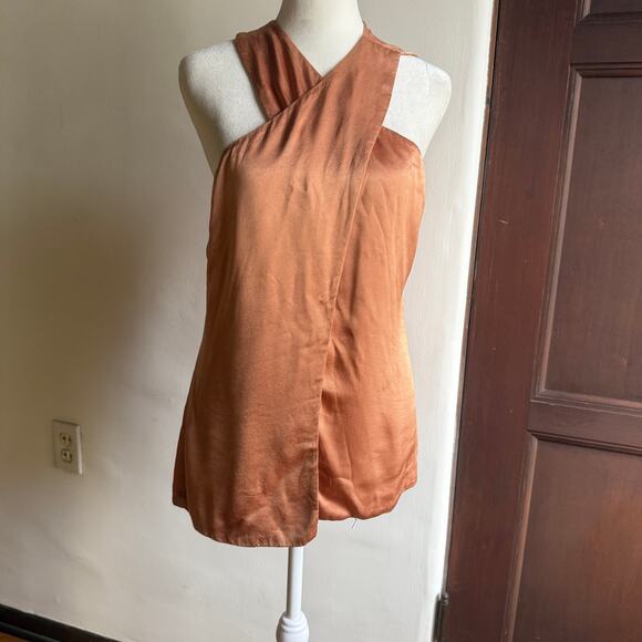 LANSTON Copper Satin Cross Front Flyaway Halter Style Sleeveless Top Small BNWT - Picture 2 of 6